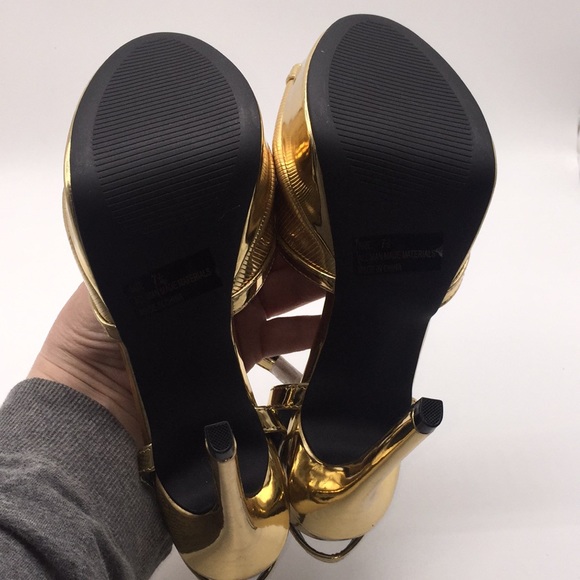 Qupid Ladies Platform Heels Pumps 5” Gold Shiny Metallic Open Toe Size 7.5 - Picture 10 of 16